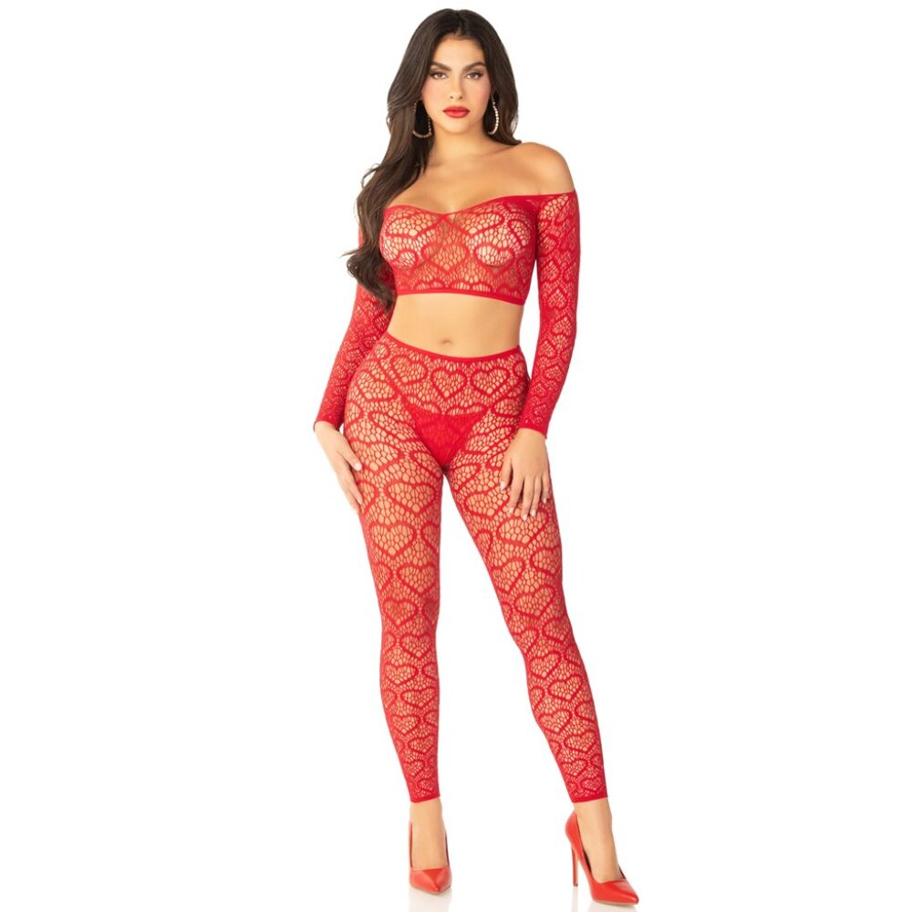 Wild Hearts Crop Top and Footless Tights, Heart Net 2-Piece Lingerie Set